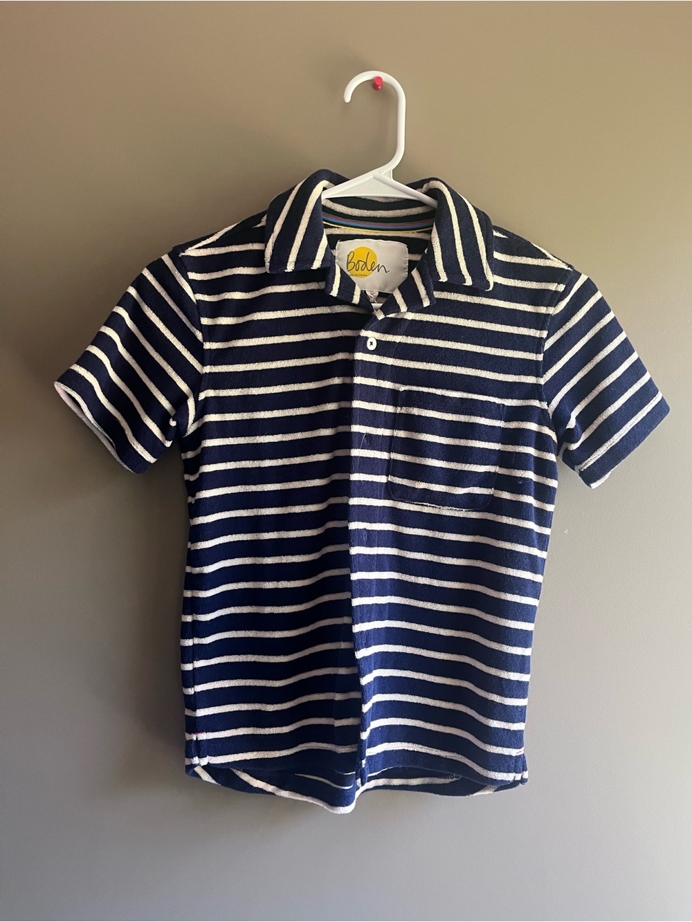 Boden Navy & White Striped Polo Shirt towel terry cloth material 8-9 medium